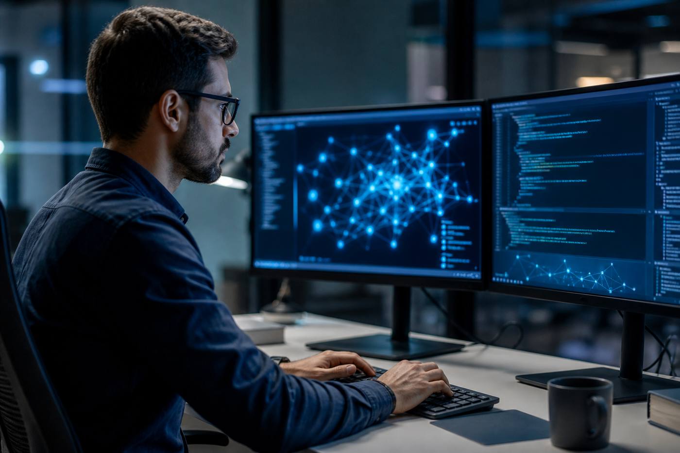 Penetration tester reviewing network maps and attack paths
